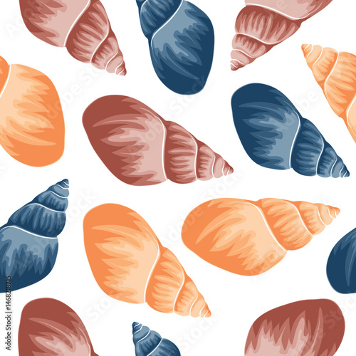 seamless pattern with colorful seashells, namely the shell of a crustacean, for marine and summer designs