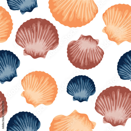 Seamless pattern with icons of colorful sea scallops from the ocean floor, for marine and summer designs
