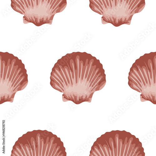 pattern with icon of pink sea scallop from the ocean floor, for marine and summer designs