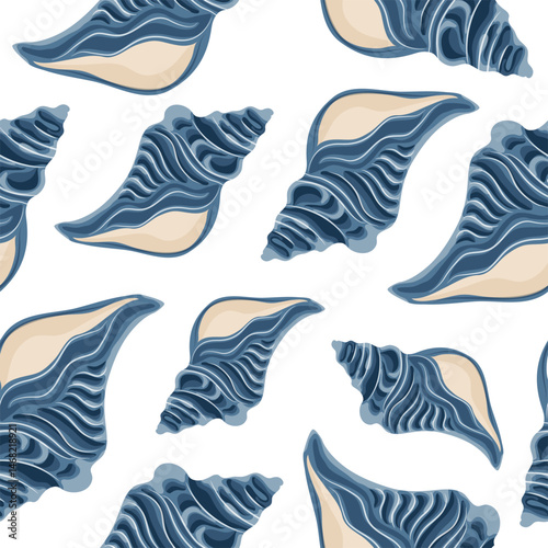 seamless pattern with an icon of a blue large shell from the bottom of the ocean or sea, for various summer and marine designs