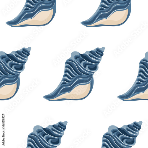 pattern with an icon of a blue large shell from the bottom of the ocean or sea, for various summer and marine designs