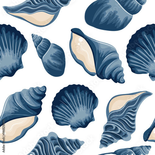 seamless pattern with a set of various blue icons of seashells, clams, shells and seashells, for various summer or marine designs
