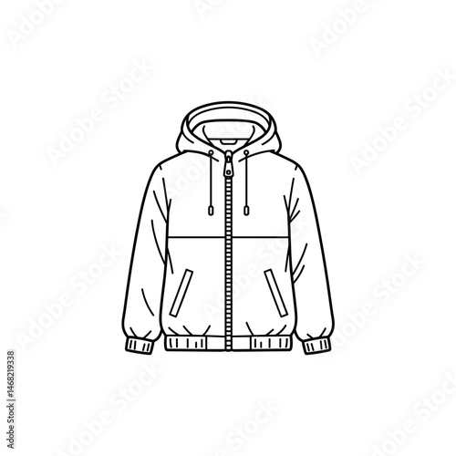 Windbreaker Jacket Line Art. Lightweight hooded silhouette, flat vector sportswear design. Unisex rain-ready outerwear, athletic shell template, casual windbreaker outline