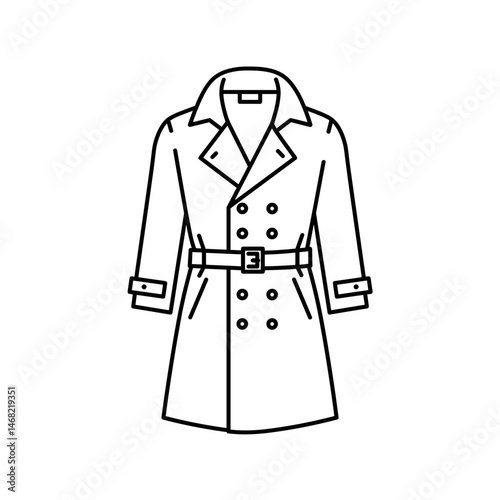 Minimalist Trench Coat Line Art. Classic double-breasted silhouette, flat vector fashion illustration. Timeless outerwear staple, women's luxury wardrobe essential, apparel design template