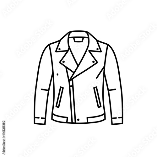 Minimalist Biker Jacket Line Art. Clean asymmetrical zipper silhouette, flat vector outerwear design. Women's edgy wardrobe staple, moto-style template, fashion sketch