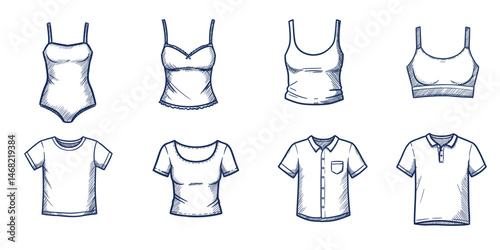 Minimalist Basic Top Collection. Set of sketch-style t-shirt outlines, flat vector icons for wardrobe templates, fashion design, apparel mockups (transparent background)