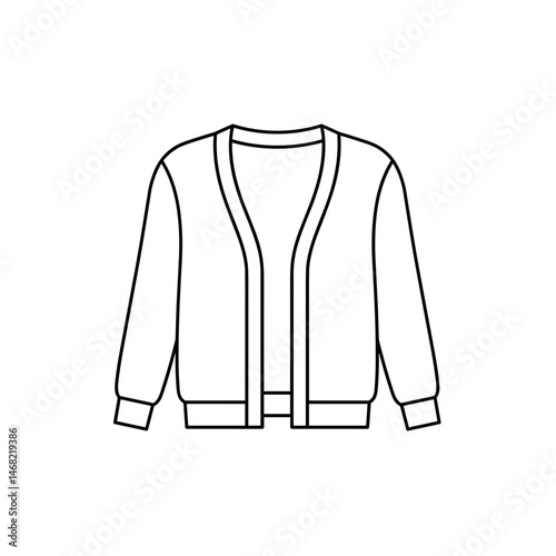 Minimalist Cardigan Line Art. Relaxed knitwear silhouette, flat vector fashion illustration. Women's cozy layering piece, versatile wardrobe template, boho chic apparel design