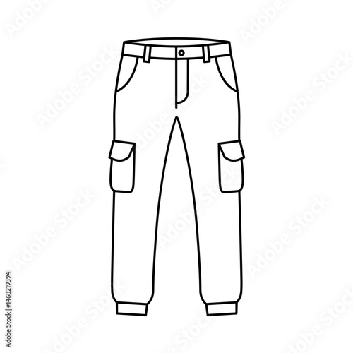 Minimalist Cargo Pants Line Art. Utilitarian multi-pocket silhouette, flat vector streetwear design. Women's tactical fashion staple, urban utility wear template, edgy apparel sketch