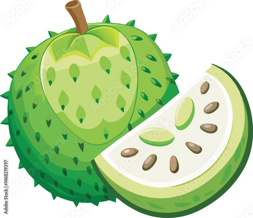 A vibrant vector art illustration of a fresh soursop fruit, showcasing its green spiky skin and juicy, tropical interior in detail.