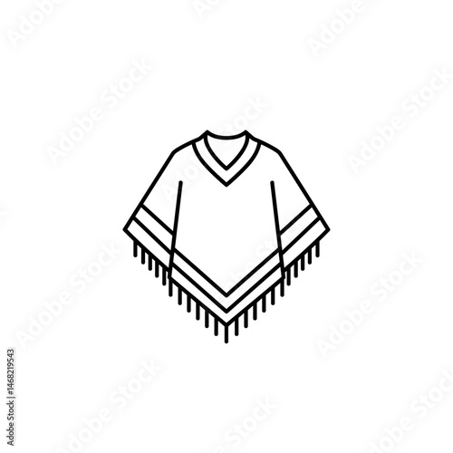 Minimalist Poncho Line Art. Sleek black outline, bohemian fashion vector illustration. Cape cloak silhouette, cozy loungewear, apparel design template