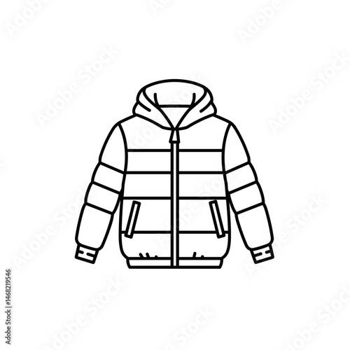 Minimalist Puffer Jacket Outline. Clean line art winter coat design, flat vector fashion sketch. Cold-weather apparel, streetwear style, unisex outerwear template