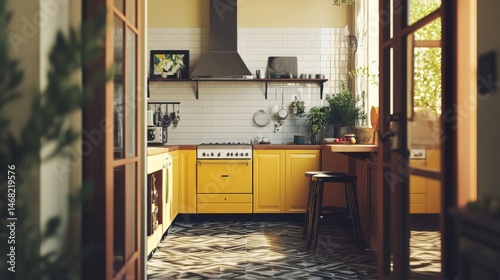 Yellow kitchen seen through a doorway, with white tile walls, geometric dark wood floor, and warm ambient lighting.