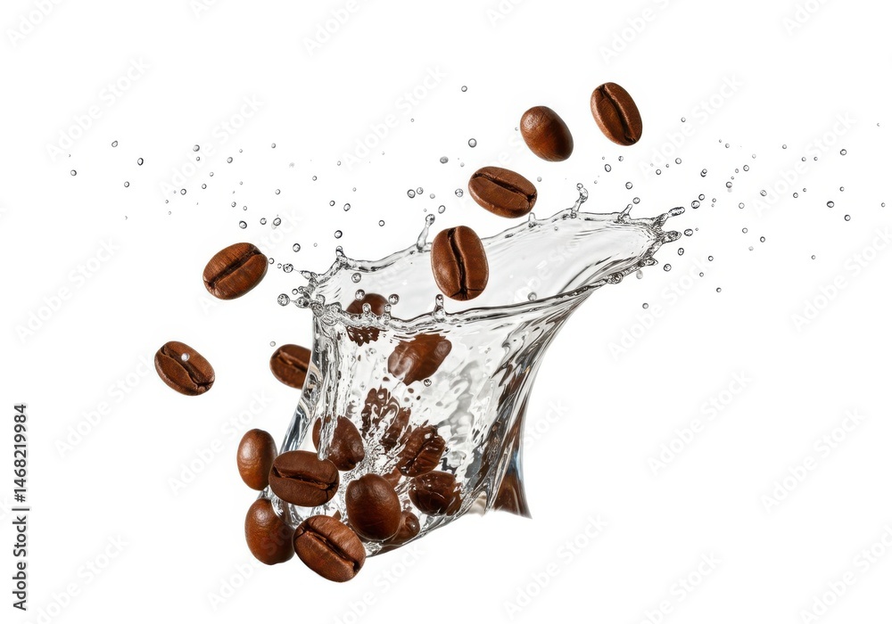 Fototapeta premium Fresh roasted coffee beans splashing in water white background shot