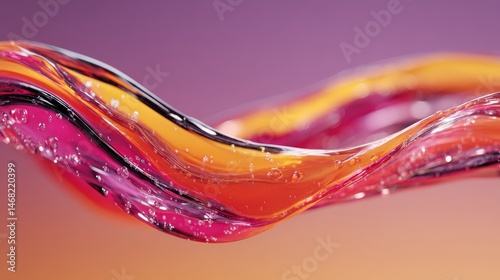 Colorful abstract wave design with bubbles and fluid movement on a gradient background.