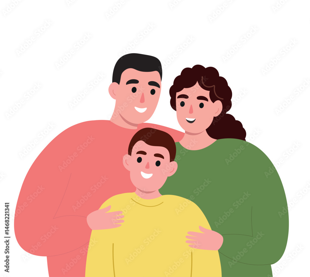 Obraz premium Happy family together. Dad, mom, son love, hug each other. Vector flat graphics.