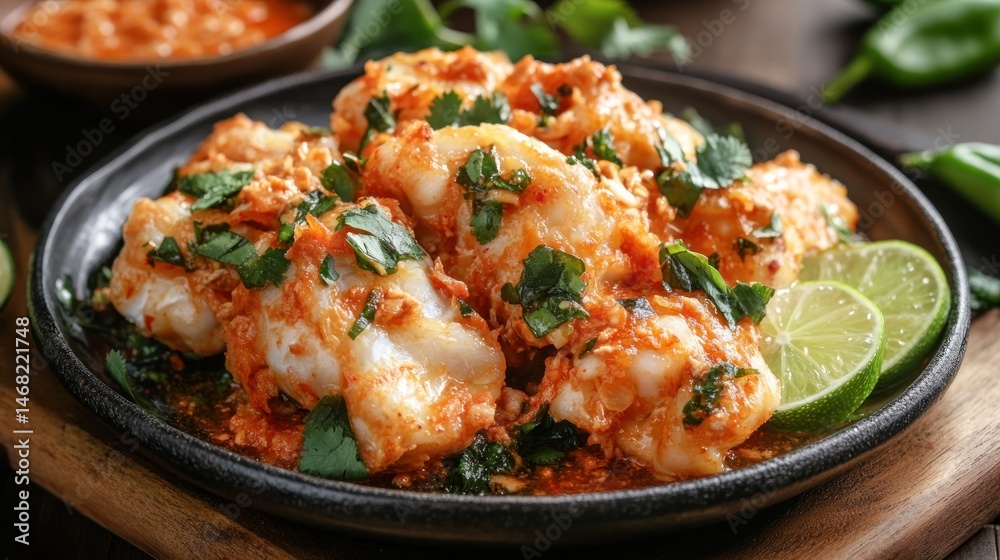 Fototapeta premium Spicy Fish Dish on Dark Plate