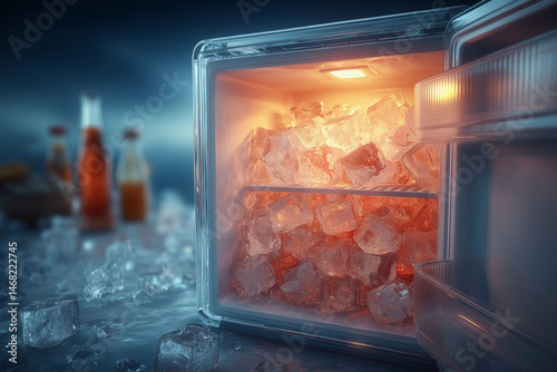 Cold packs and crushed ice stored in a fridge to keep beverages chilled during summer gatherings and warm weather celebrations photo