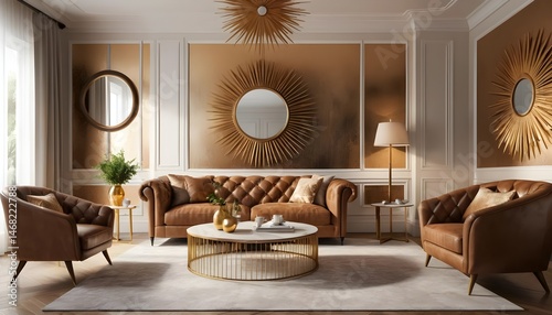 Luxurious Living Room Interior with Brown Leather Furniture and Gold Accents