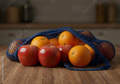 Fresh Red Apples and Juicy Oranges in a Blue String Bag on Wooden Table