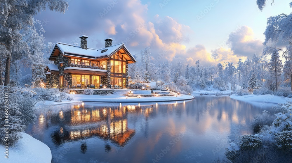 Fototapeta premium Winter wonderland home by a frozen lake.
