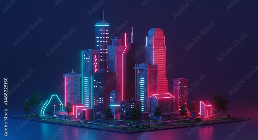 Fototapeta premium Cityscape Illustration with Neon Lights and Urban Design