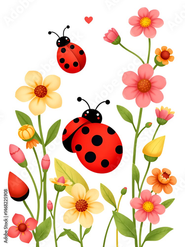 Cute cartoon ladybug collection with flowers and leaves, red beetle with dots. Funny love bugs, flower buds and foliage pack bundle for spring collections.