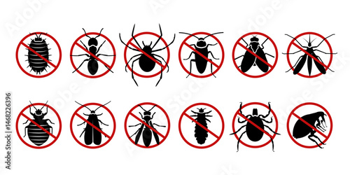 Pest control vector set. Isolated prohibited and warning signs of harmful insects. Bug black silhouettes illustration. Insect repellent emblem