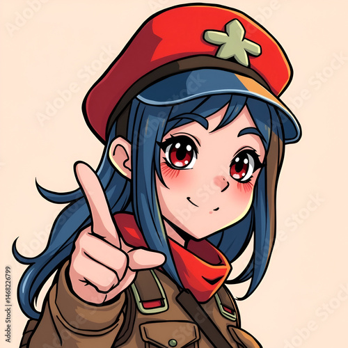 cartoon girl in a red garrison cap morally points a finger