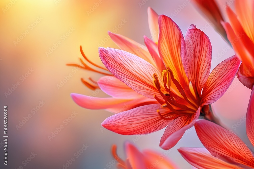 Naklejka premium Close-up of delicate, vibrant pink lilies bathed in warm, golden sunlight.