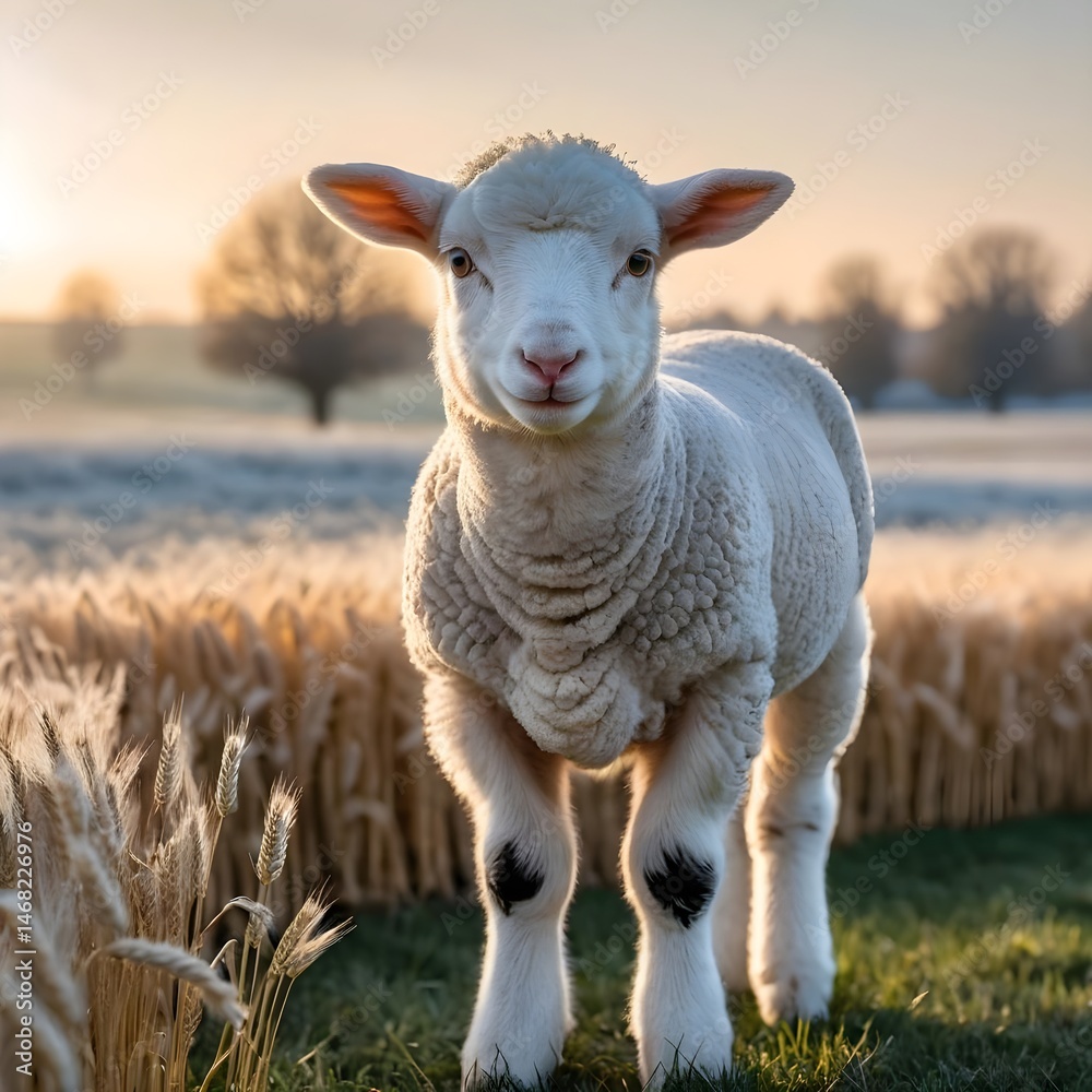 Obraz premium Cute Lamb in Golden Hour Light