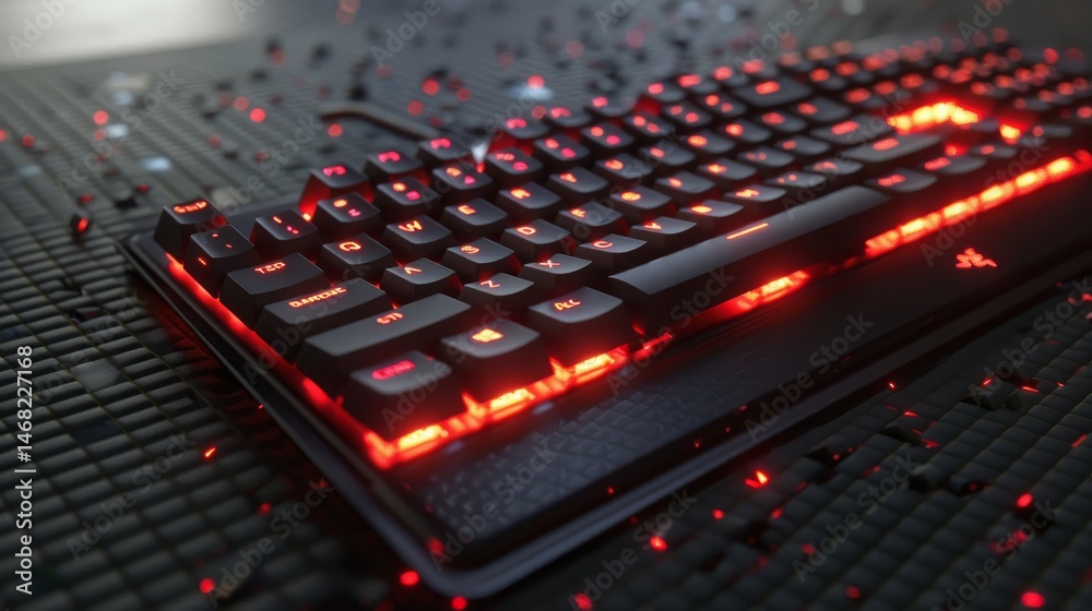 Fototapeta premium Gaming keyboard isolated on transparent background RGB lighting D render angled view .