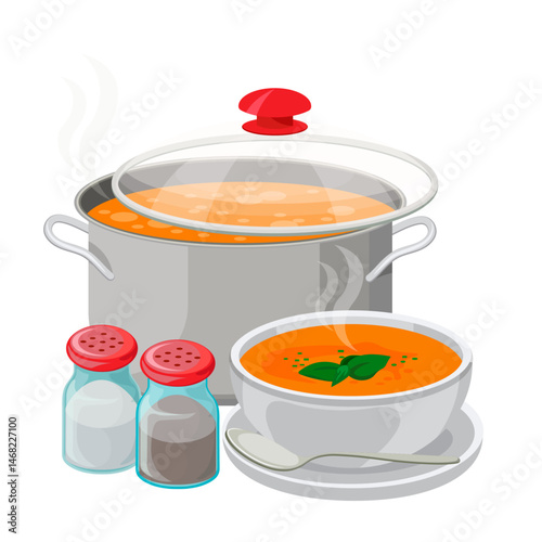 a pot of soup and salt and pepper and a plate