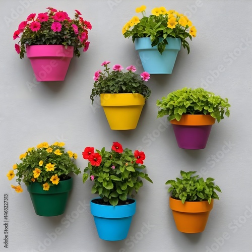 Colorful Flower Pots on White Wall