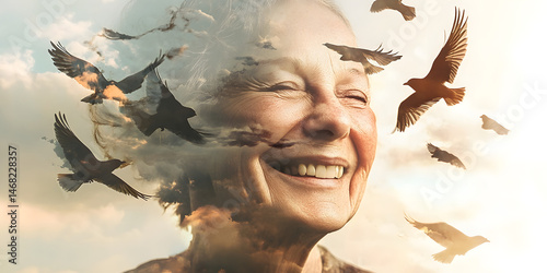 Smiling Senior Image, Birds in Flight, Cloudscape Art, Serene Scene, Positive Energy, Double Exposure Effect, Hopeful Image Product