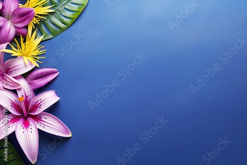 Tropical flowers on blue background with copy space. Exotic floral border for summer party invitation, beach wedding card, Hawaiian luau design, or tropical vacation concept