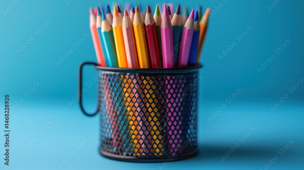 Fototapeta premium Vibrant Colored Pencils in a Metal Holder Against a Blue Background