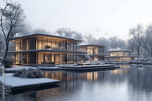 Modern homes situated by a tranquil winter lake.