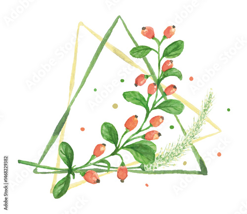 Barberry and Plantain Watercolor Logo. Herbs in the triangle shapes. Vector emblem illustration. Each object is on a separate layer. Isolated on white