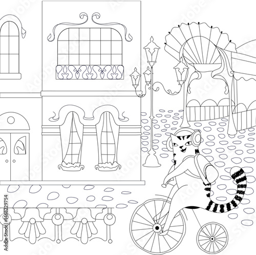 Happy cat on retro bicycle in old Paris. Time travel in France. Colored page background. Black and white. Each object on a separate layer. Editable stroke