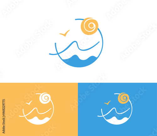 Sea Wave and Sun in a circle logo. Ocean emblem