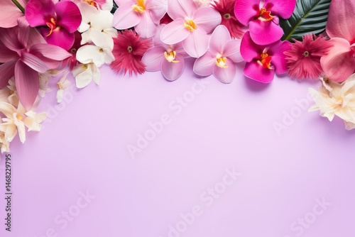 Tropical flowers border on lilac background with copy space. Floral arrangement for Hawaiian party, summer event, wedding invitation, or Mother's Day greeting card design