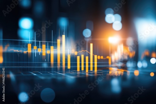 Abstract financial data visualization.  Complex chart with orange/yellow data points on a dark background with blurred city lights. 