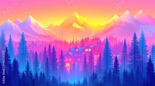 Vibrant pixelated mountain scene with layered forests and glowing cabin offering a serene and inviting digital aesthetic