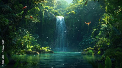 Tropical rainforest with vibrant parrots perched near a waterfall surrounded by lush vegetation and tropical wildlife in midday light