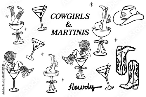 Set of 12 hand drawn cowgirl martini illustrations, Minimal line art style western graphics for invitations, stationery and web design