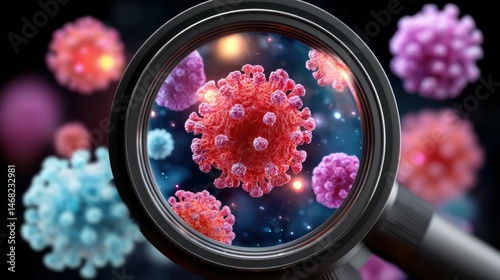 Observe the intricate details of coronaviruses magnified under a microscope, revealing their unique structure.