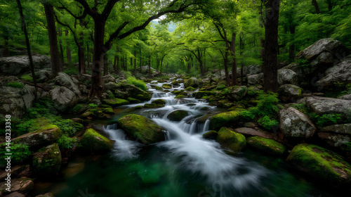 a cool, clear mountain stream flowing over smooth rocks surrounded by lush green moss and ferns in a forest.