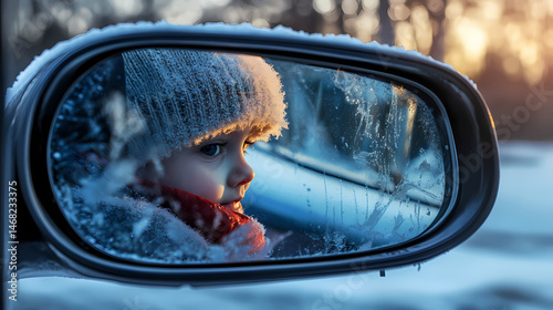 Child winter scene reflected in car mirror. [Mirrored Realities] | Shimmer Divide | wavering split. Illustration