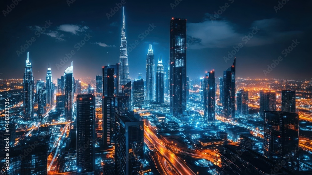 Fototapeta premium Dubai skyline illuminated at night with futuristic skyscrapers and busy roads showcasing urban life and modern architecture