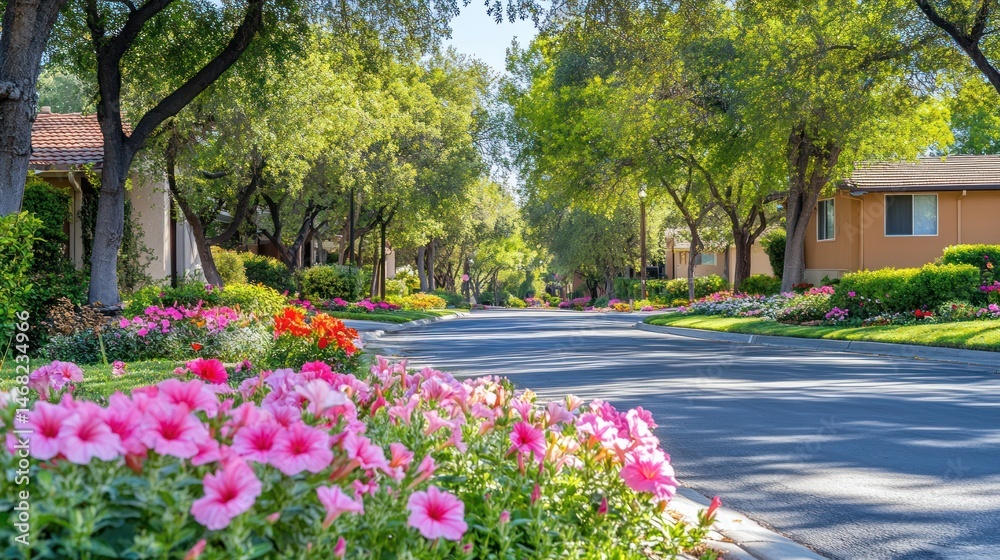 Obraz premium Residential street lined with flowers and trees; sunny day; neighborhood; perfect for real estate or home improvement ads